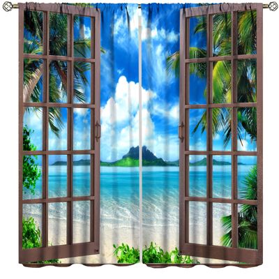 AuiMzoo Landscape Blackout Curtains, Window Outside Summer Tropical Beach Island, for Bedroom Living Room, 2 Panel Set, 63x63 Inches, Style-1