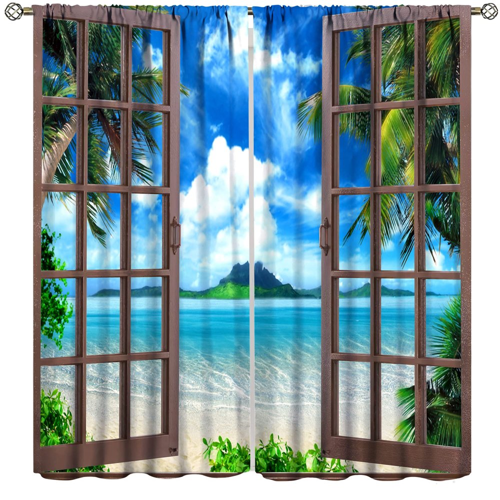 AuiMzoo Landscape Blackout Curtains, Window Outside Summer Tropical Beach Island, for Bedroom Living Room, 2 Panel Set, 63x63 Inches, Style-1