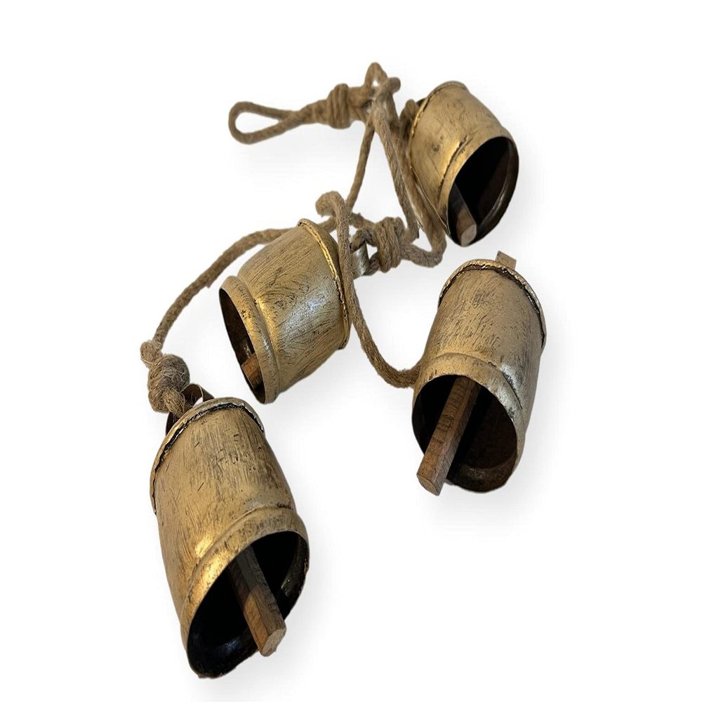 4 LARGE COW BELLS Distressed Gold hanging on a Rustic Rope | Cow Bells | Bells | Ornamental Bells | Decorative Bells | Rustic Bells | Christmas Bells | Decorations | Home decor