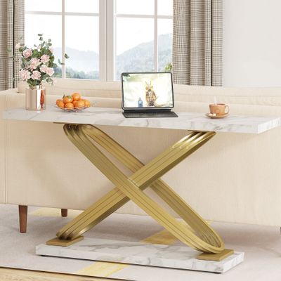 55'' Modern Marble Console Tablebehind Sofa Couch Long Table Narrow Rectangular Entryway for Living Room Gold White Glam Contemporary Metal Wood