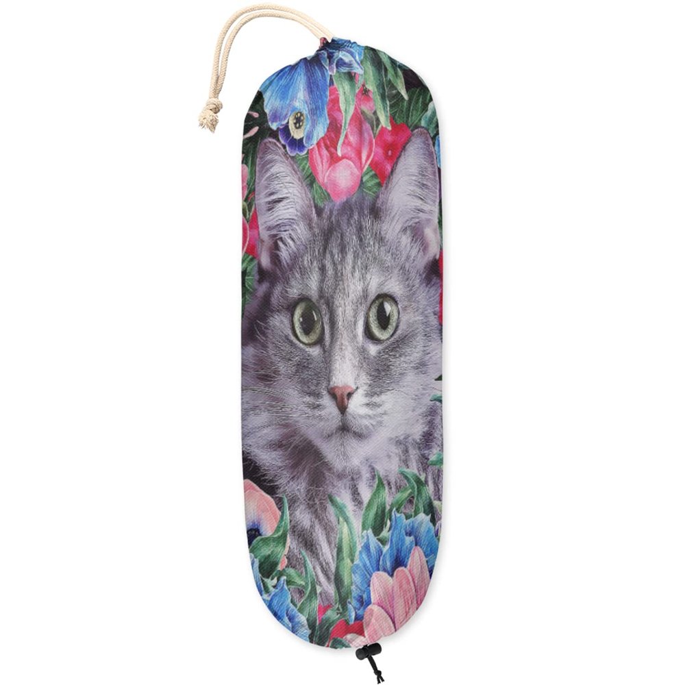 Cat Flowers Pattern Plastic Bag Holder Wall Mount Plastic Bag Organizer Grocery Bag Storage Dispenser Washable Large Shopping Bags Carrier for Home Kitchen Travelling, 1 Pack