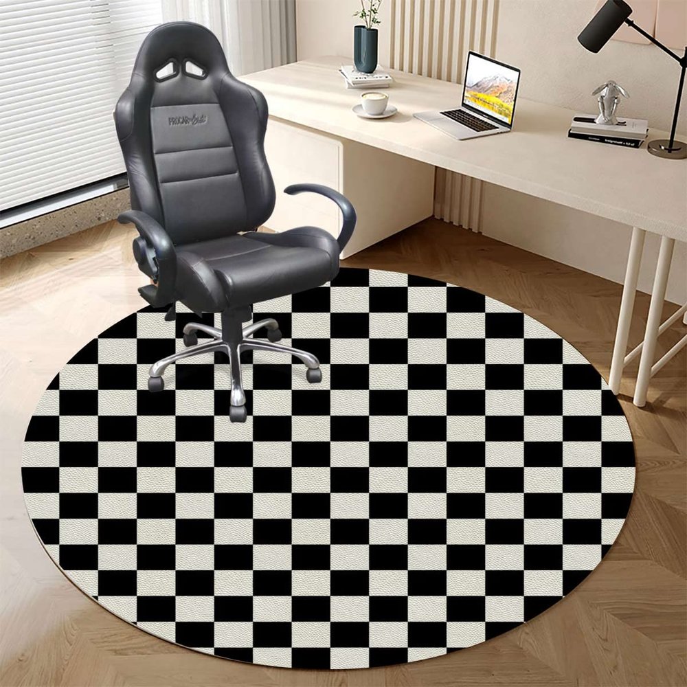 White Charcoal PU Leather Gaming Chair Mat Under Computer Desk Checkers Game Geometric Grid Style Round Office Chair Mats Home Rolling Gaming Chair Mat Checkered Diameter 55 in
