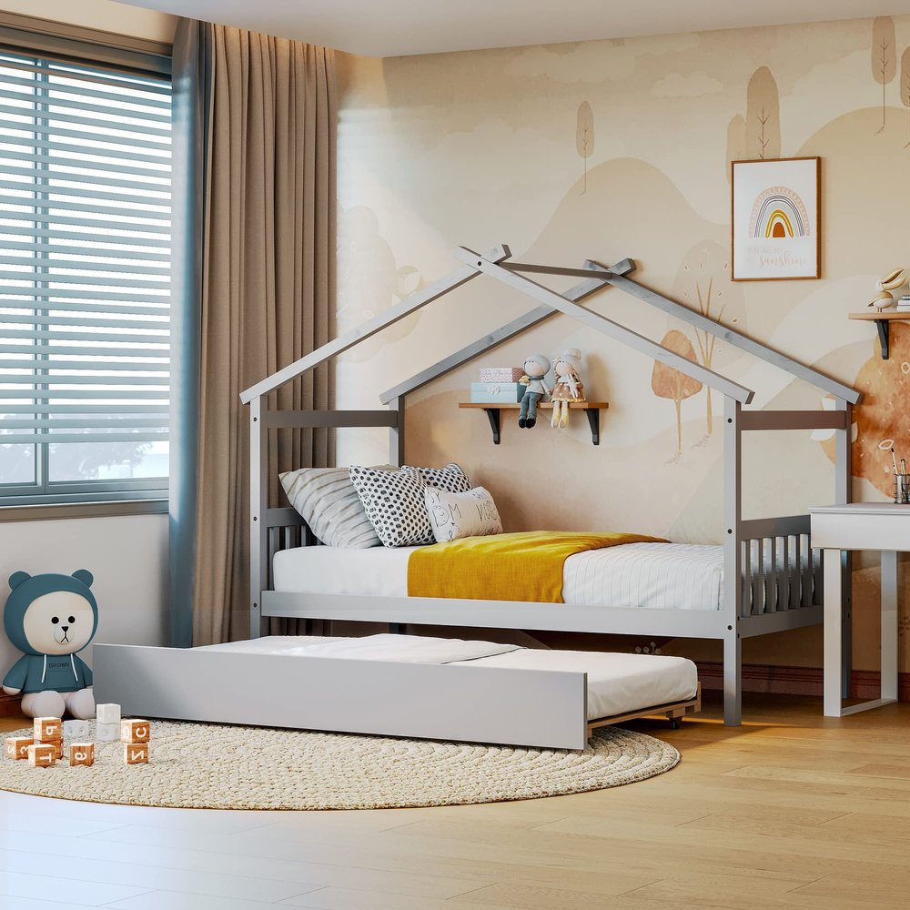 Aiuyesuo Modern Twin Size House Bed with Twin Size Trundle, Wooden Daybed Frame with Roof and Headboard for Toddlers, Teens, Girls, Boys, Can Be Decorated (Gray)