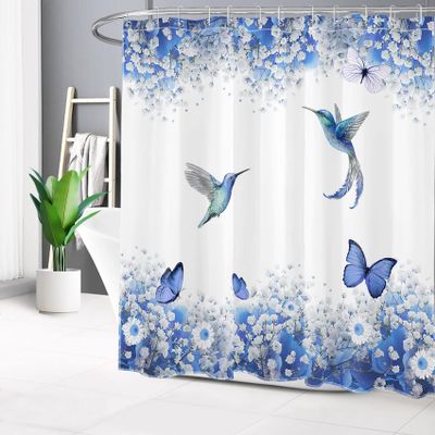 HVEST Blue Floral Shower Curtain for Bathroom, Hummingbird and Butterfly on White Background Shower Curtain with Hooks, Flower Shower Curtain Set Bathroom Decorations, 72X78 inches
