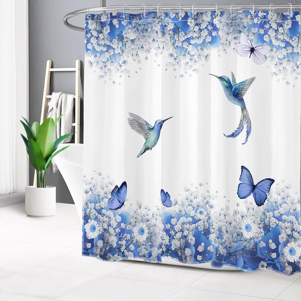 HVEST Blue Floral Shower Curtain for Bathroom, Hummingbird and Butterfly on White Background Shower Curtain with Hooks, Flower Shower Curtain Set Bathroom Decorations, 72X78 inches