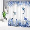 HVEST Blue Floral Shower Curtain for Bathroom, Hummingbird and Butterfly on White Background Shower Curtain with Hooks, Flower Shower Curtain Set Bathroom Decorations, 72X78 inches view 1