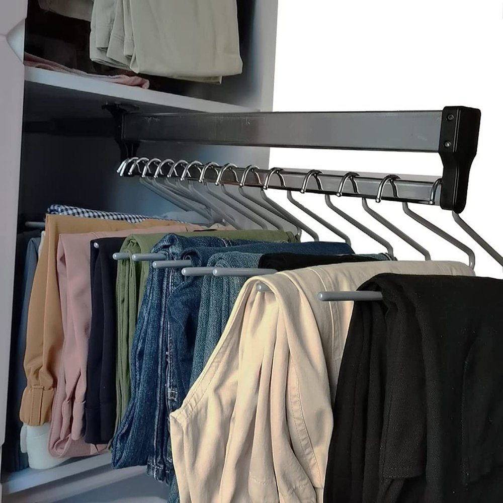 Closet Clothes Pants Hanger with Rail, Wardrobe Clothing RailRetractable Pull Out Clothes Rail Metal Closet Hanging Rod for Pants Map, Adjustable Coat Rod Hanger for Space Saving (Size : 600mm/23.6I