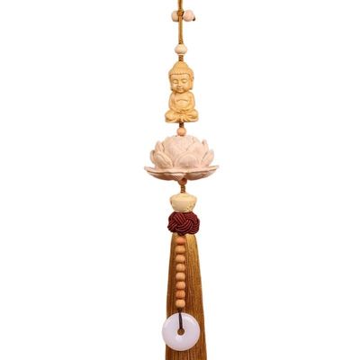 Chinese Style Lucky Fu Wooden Carved Lotus Buddha Statue Pendant Creative Gift Home Car Hanging Accessories Decor Auto Interior (Color : 12)