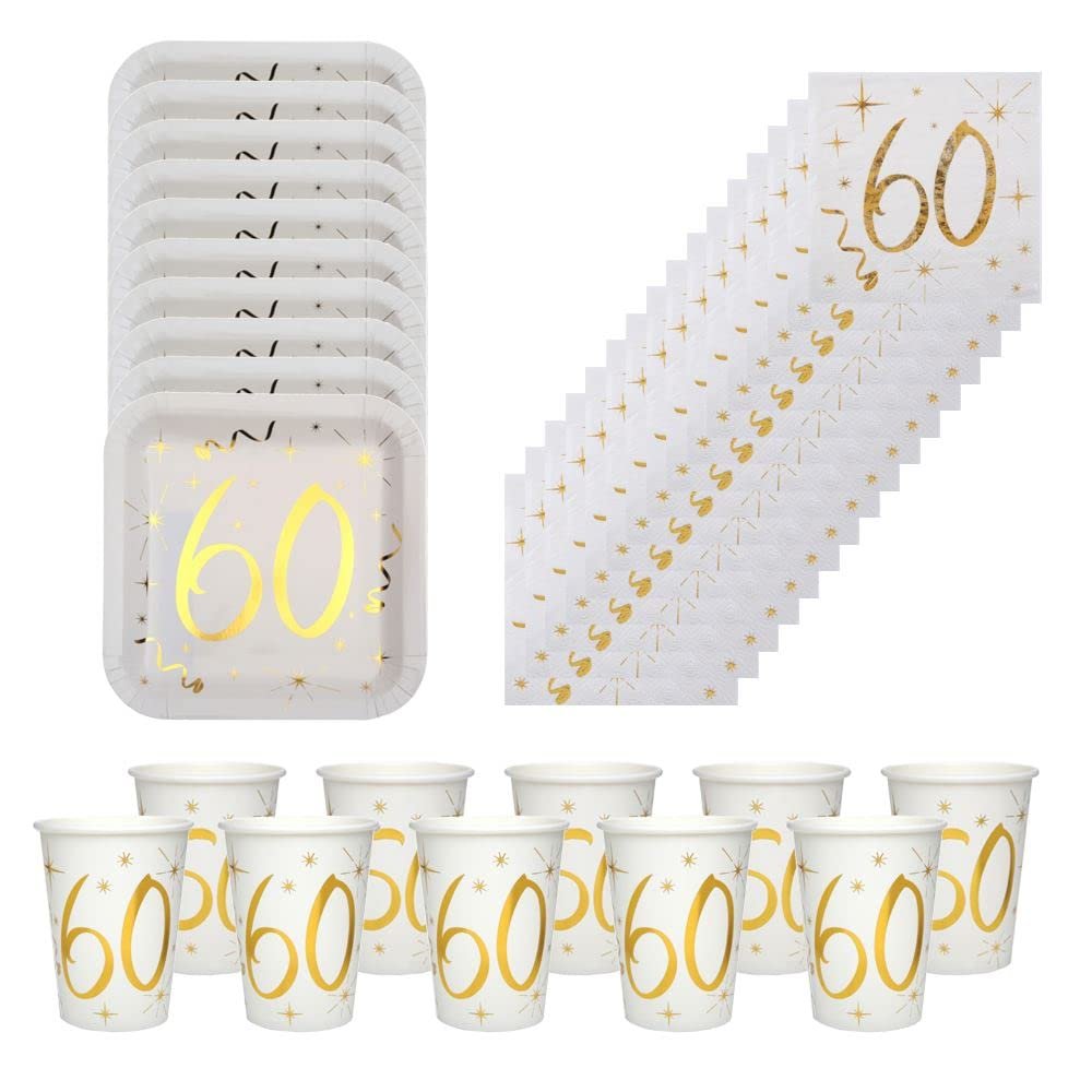 Gold 60th Birthday Party Pack with Plates Napkins and Cups, 60th Birthday Tableware, 60th Party Decorations, Gold 60th Party Set