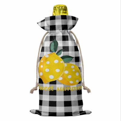 Wine Bags for Wine Bottles Gifts, Wine Bottle Bag with Drawstrings, Sweet Summer Polka Dot Lemon Black and White Lattice Background Wine Tote for Birthday, Blind Tastings, Christmas, Home Storage
