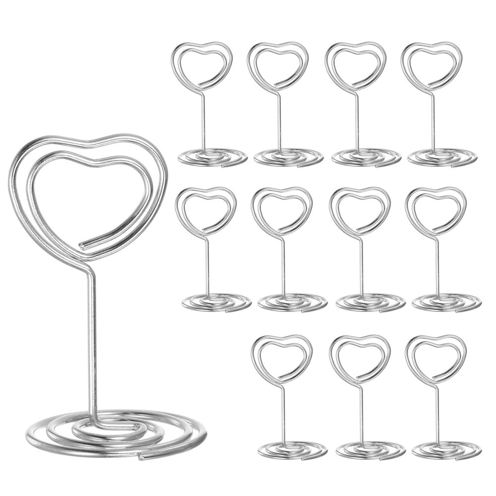 HARFINGTON 12pcs Table Number Holders 1.97 Inch 50mm Tall Mini Heart Shape Steel Photo Holders for Centerpieces Table Place Card Holders for Wedding Reception Party Office Home, Silver Tone