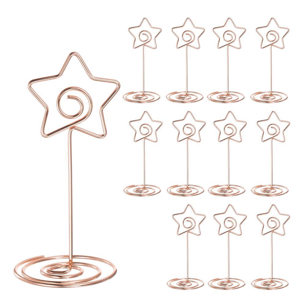 HARFINGTON 12pcs Table Number Holders 3.35 Inch 85mm Tall Star Shape Steel Photo Holders for Centerpieces Table Place Card Holders for Wedding Reception Party Office Home, Rose Gold