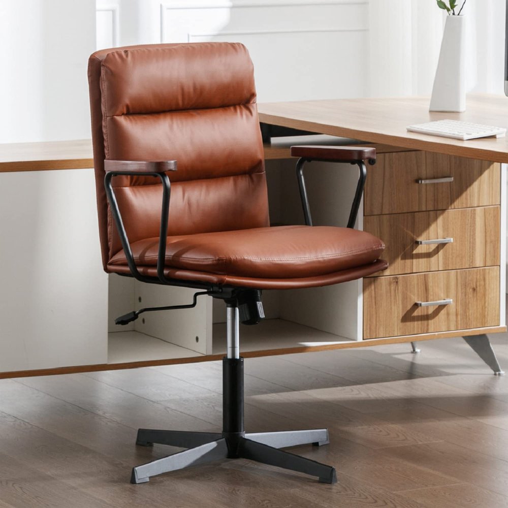 Okeysen Office Desk Chair No Wheels, Swivel Chair with Retro Wooden Armrests, Criss Cross Legged Armless Computer Chair for Home Office, Mid Century Modern Adjustable Task Chair with Thick Cushion