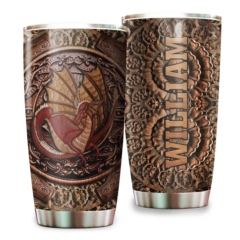 Personalized Viking Tumbler 20oz Viking Gifts for Men, Norse Mythology Gifts - Dragon Viking Mug Gifts for Men, Women, Inspirational Wooden Dragon Tumbler Cup Gifts for Valentines Day Birthday