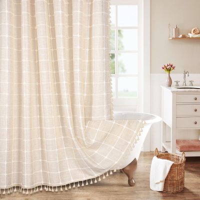 MitoVilla Cream Boho Extra Long Shower Curtain 72 x 84, Modern Farmhouse 84 inch XL Polyester Linen Texture Tassel Fabric Shower Curtain Set with Hooks for Cottagecore Country Bathroom Decor, Beige