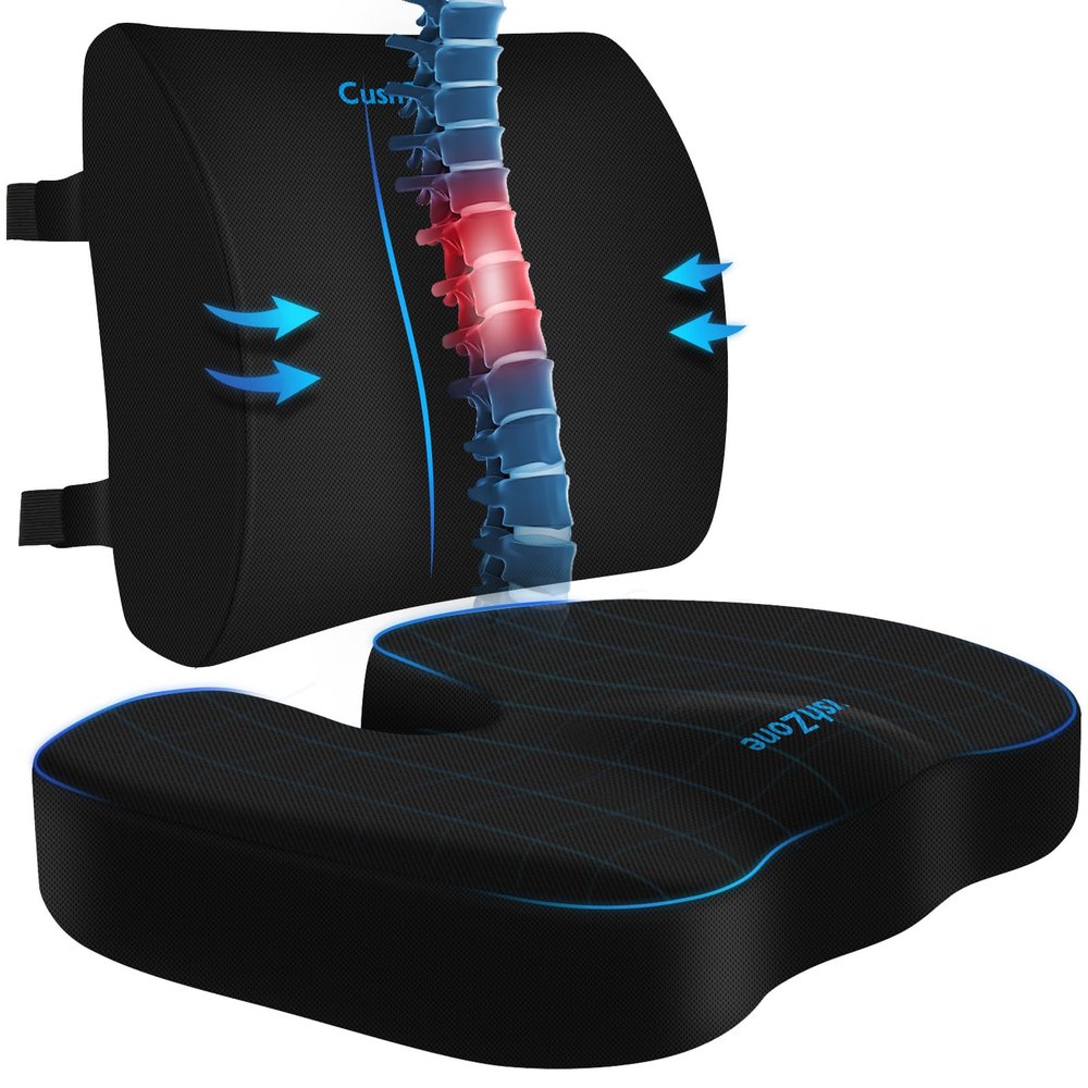 CushZone X-Large Seat Cushion and Lumbar Support Pillow for Office, Black