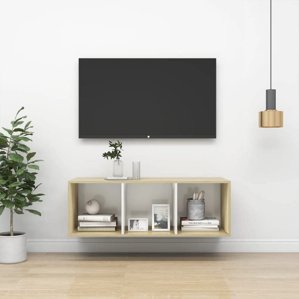 CUMYZO Wall-Mounted TV Cabinet Sonoma Oak and White 14.6"x14.6"x42.1" Engineered Wood 18.5kg/40.7ib Entertainment Centers & TV Stands