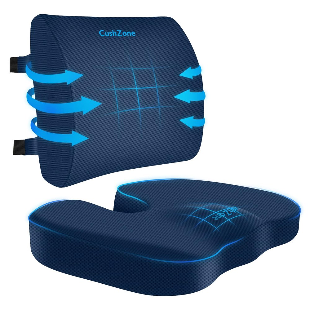 CushZone Seat Cushion, Lumbar Support Pillow with Adjustable Strap-Chair Cushions for Sciatica Pain Relief-with Washable Cover Memory Foam for Car, Travel and Wheelchair-Blue X-Large