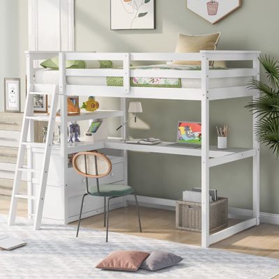 Harper & Bright Designs Twin Size Loft Bed Frame with Desk and Shelves for Kids,Two Built-in Drawers,White