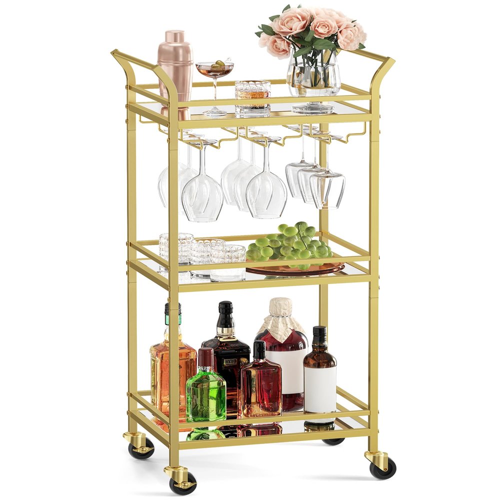 VASAGLE Bar Cart, Home Bar Serving Cart, Small Bar Serving Cart with 3-Tier Shelf, Wine Holders, Glass Holders, Mini Bar Cart for Small Spaces, Kitchen, Dining Room, Living Room, Pale Gold