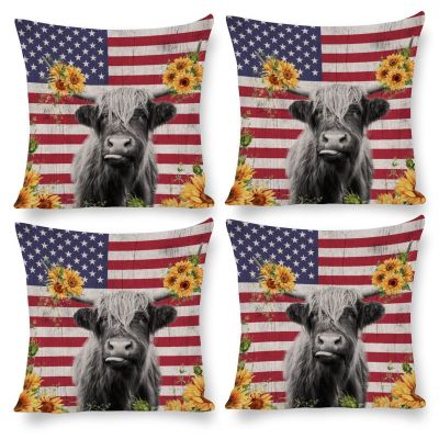 Set of 4 Highland Cow Bull Pillow Covers 20"x20" Vintage Barn Door American Flag Watercolor Sunflower Cow Outdoor Sofa Throw Pillows Cover for Couch Living Room Bed Indoors Home Decor