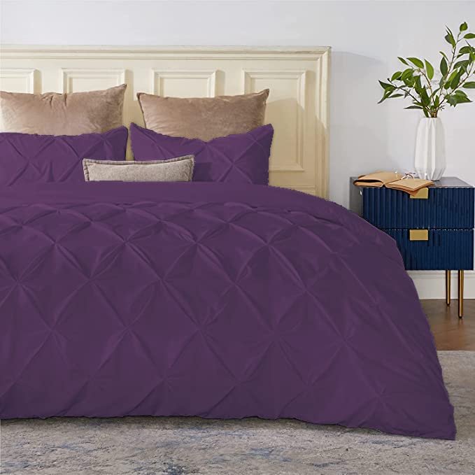 3Pcs Pinch Pleated Duvet Cover Set, Super King Size (116" x 98") Inch - 100% Microfiber Pintuck Duvet Cover Zipper Closure & Corner Ties - Plum Solid