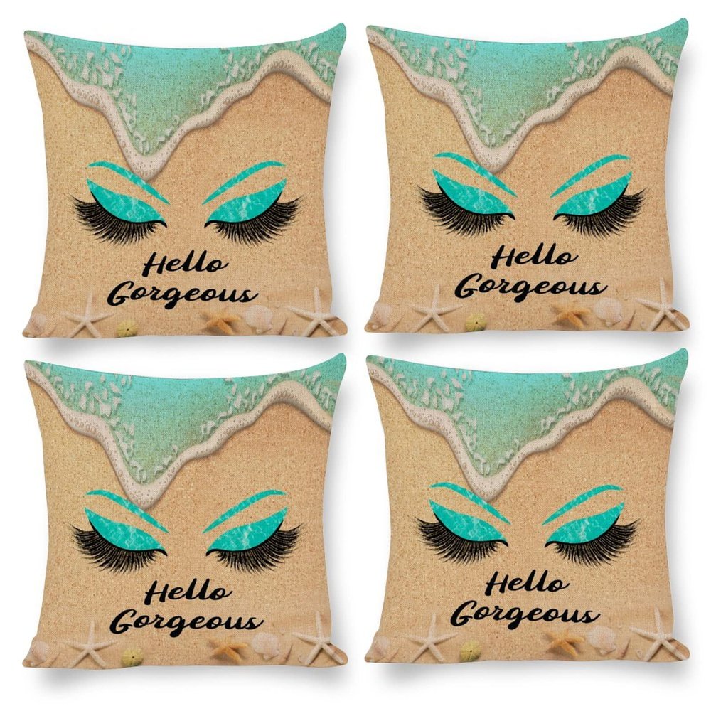 Set of 4 Hello Gorgeous Emerald Pillow Covers 18"x18" Eyelash Luxury Summer Beach Eyelash Print Outdoor Sofa Throw Pillows Cover for Couch Living Room Bed Indoors Home Decor