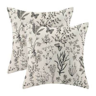 AEIOAE Spring Pillow Covers 16x16 Inch Set of 2,Black Gray Wild Flower Plant Throw Pillows Case,Seasonal Floral Outdoor Decorative Square Linen Farmhouse Decor Cushion Covers for Home Sofa Bed Couch