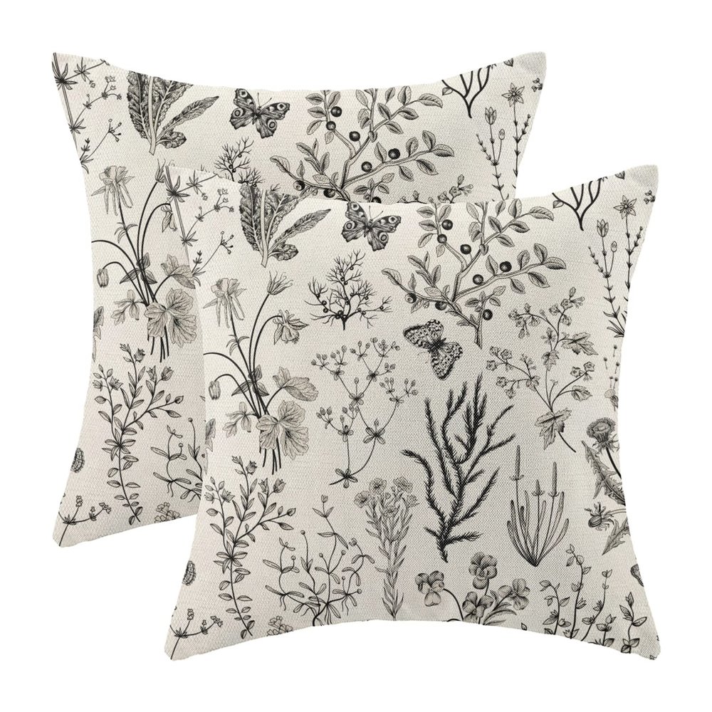 AEIOAE Spring Pillow Covers 16x16 Inch Set of 2,Black Gray Wild Flower Plant Throw Pillows Case,Seasonal Floral Outdoor Decorative Square Linen Farmhouse Decor Cushion Covers for Home Sofa Bed Couch