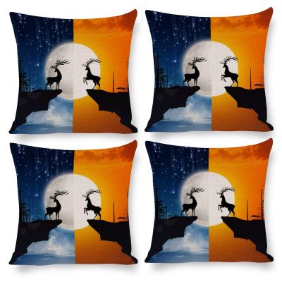Set of 4 Fantasy Deer Pillow Covers 18"x18" Abstract Anime Day & Night Old Forest Wildlife Deer Outdoor Sofa Throw Pillows Cover for Couch Living Room Bed Indoors Home Decor