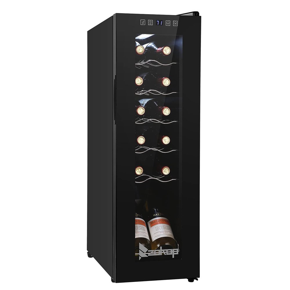 SOOZEE 12 Bottle Wine Cooler with Compressor, LED Display and Soft Interior Lighting (Black)