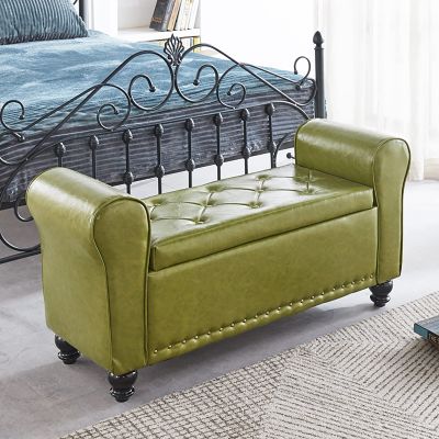 Wood Sofa Stool Footrest,Contemparory Rolled Arm Storage Bench,Pu Leather Armed Storage Ottoman Bench,Modern Tufted Bed Bench Entryway Shoe Bench-Light Green 100x57x40cm(39x22x16in