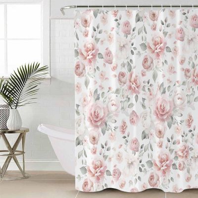 Pink Spring Floral Shower Curtain Set - Standard 72" x 72" Washable Bathtub Curtain with 12 Hooks, Watercolor Summer Flower Rustic Leaves Waterproof Fabric Stall Shower Curtains for Bathroom Dcor