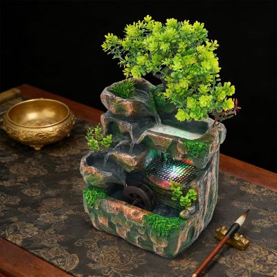 Desk Waterfall Fountain, Water Fountains Indoor Bonsai Desktop Ornament with LED Light, Zen Meditation for Home Office Bedroom Atomizing Humidifier Desk Decoration