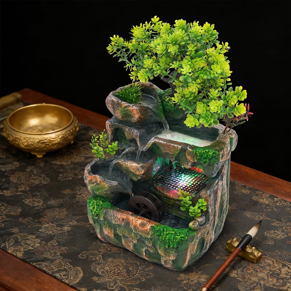 Desk Waterfall Fountain, Water Fountains Indoor Bonsai Desktop Ornament with LED Light, Zen Meditation for Home Office Bedroom Atomizing Humidifier Desk Decoration