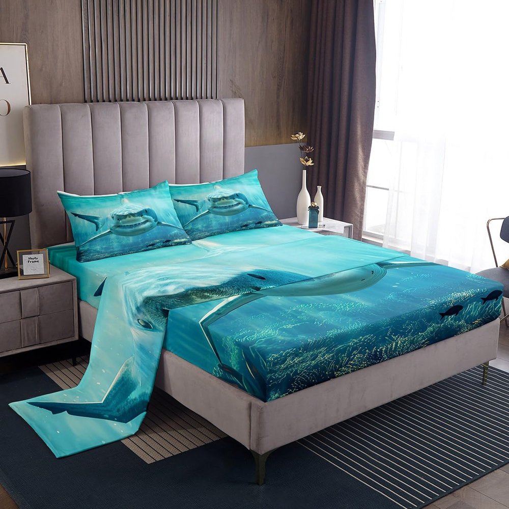 Shark Sheet Set 3D Shark Fish Bed Sheet Set Sea Animal Bedding Set for Kids Boys Teens Girls Ocean Marine Creature Bedroom Decor Sea Underwater World Sheets Queen Size 4Pcs Nautical Blue Flat Sheet