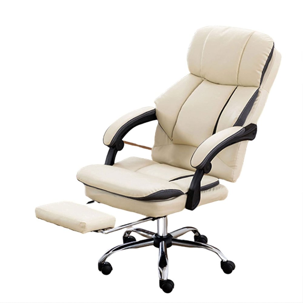 Katzowen Office Computer Chair Professional White Leather Chair, Computer Desk Office Chair High-Back Swivel Recliner Chair with Retractable Footrest and Adjustable Angle and Rotation