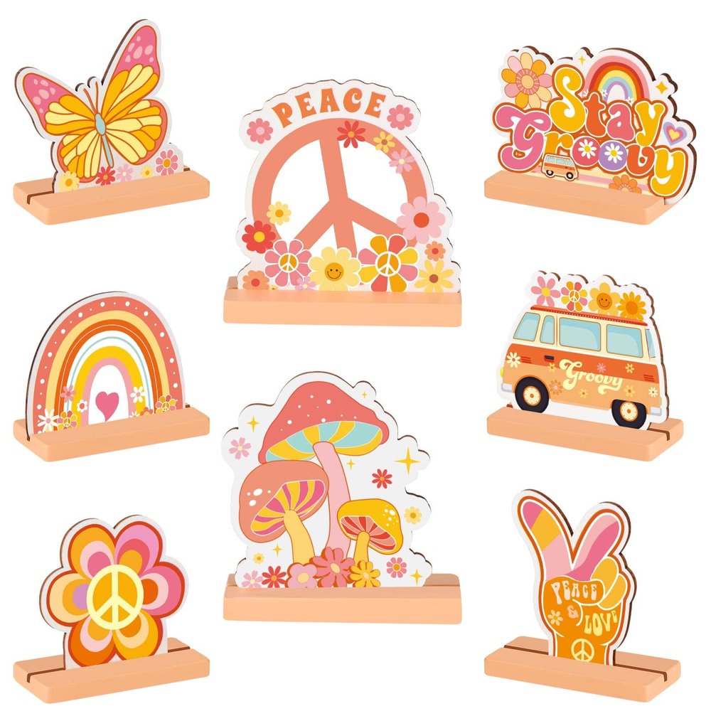 Geetery 8 Pcs Groovy Party Decorations Groovy Wooden Table Centerpiece Hippie Boho Decor Love Peace Letter Signs Rainbow Butterfly Daisy Flower Birthday Decoration for Baby Shower Photo Props