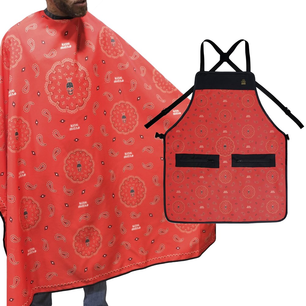 King Midas Empire Barber Cape And Apron Sets Matching Hair Cutting Cape And Apron Barber Cape For Men (Red Bandana)