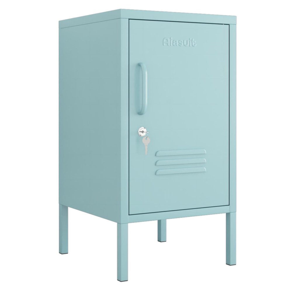 Aiasuit Single Door Lockable Metal End Table with Storage Cabinet, 2-Tier Children's Nightstand with Adjustable Shelf, Easy Assembly Side Table for Home, Office, Entryway & Hallway Blue