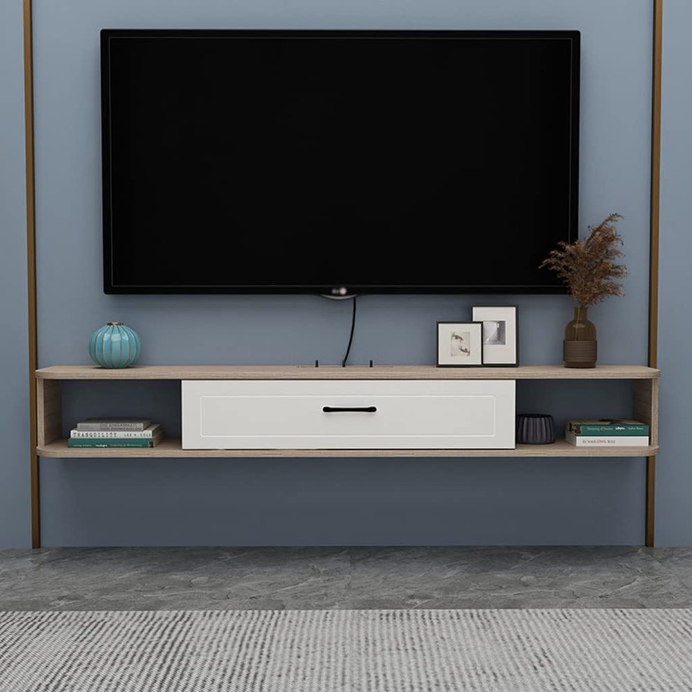 IBOWZ Floating TV Stand Cabinet Floating Tv Stand with 3 Storage Space Modern Wood Wall Mounted Tv Unit Shelf Component with Cable Management for Living Room and Bedroom