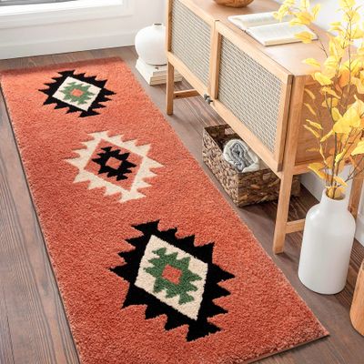 DEXDE Bathroom Rugs 20x47 Boho Bath Mat Non-Slip Long Bath Rug Runner Luxury Soft Absorbent Carpet for Bathroom Shower Kitchen Entryway Western Farmhouse Decor,Coral Red