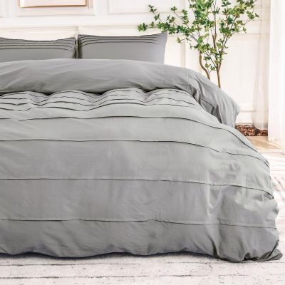 NEXHOME PRO 100% Washed Cotton Duvet Cover Twin Size, Linen Pleated Duvet Cover Set Light Grey, 2pc Organic Bedding Set with Zipper Closure, Soft, Lightweight and Breathable (68"x90", No Comforter)
