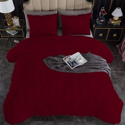 3Pcs Pinch Pleated Comforter Set, Oversized Super King Size (120" x 98") Inch - 100% Microfiber with 400 GSM Soft & Breathable Comforter - Burgundy Solid