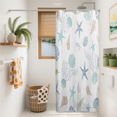 Ttincceer Small Stall Nautical Coastal Shower Curtain, Coral Conch Starfish Seashell Bathroom Curtain, Ocean Theme Underwater Marine Shower Curtain Set with 6 Hooks for Bathroom 36Wx72L