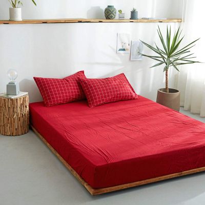 FCLDESHOP Mattress Protector Queen Size,Solid Color Washed Cotton Deep Pocket Bedding Sheets, Checkered Mattress Topper for Bedroom Guest Room Bed Cover,red,135cmx200cm+25cm