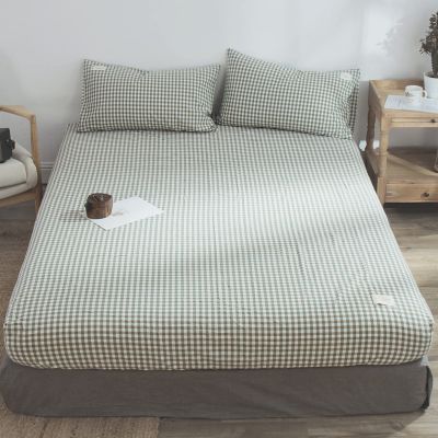 FCLDESHOP Queen Fitted Sheet,Comfortable Pure Cotton Solid Color Deep Pocket Fitted Sheet,Bedroom Homestay Checkered Mattress Protector,Green 1,180 * 200cm+25cm