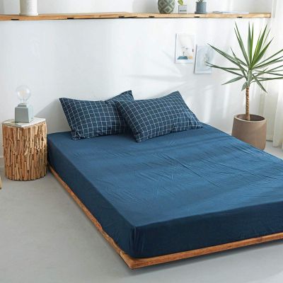 FCLDESHOP Mattress Encasement,Solid Color Washed Cotton Deep Pocket Bedding Sheets, Checkered Mattress Topper for Bedroom Guest Room Bed Cover,Navy Blue,100cmx200cm+25cm