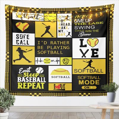 Softball Kids Tapestry,Ball Sports Games Competition Wall Tapestries,Girls Boys Adults Bedroom Decor,Geometric Plaids Fashion Wall Hanging,Yellow Bright Home Wall Decor,XLarge 70.9 x 92.5 Inches