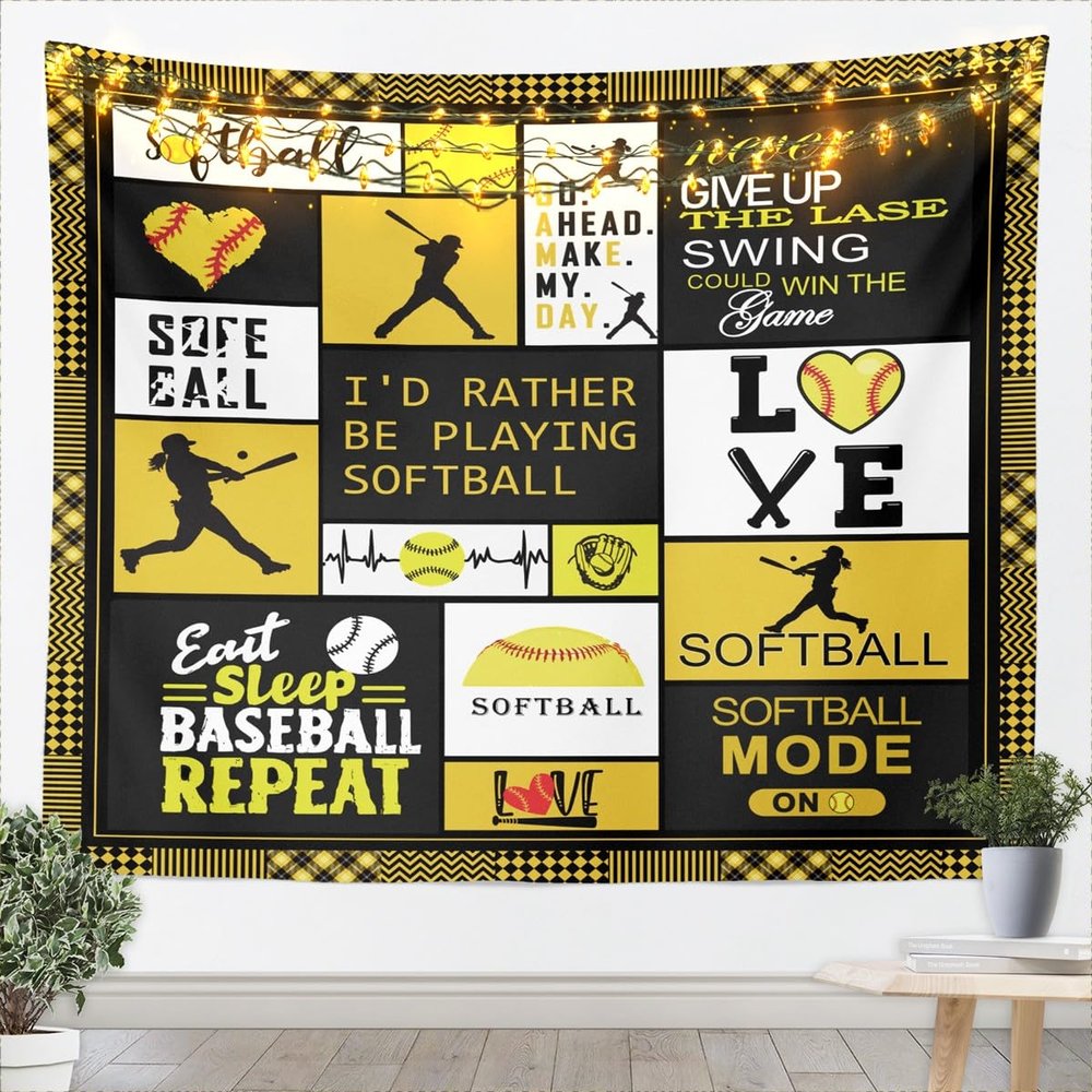 Softball Kids Tapestry,Ball Sports Games Competition Wall Tapestries,Girls Boys Adults Bedroom Decor,Geometric Plaids Fashion Wall Hanging,Yellow Bright Home Wall Decor,XLarge 70.9 x 92.5 Inches